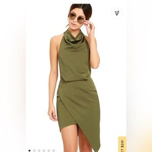 Lulu’s The Elliatt Asymmetrical Camo Olive Green Halter Dress